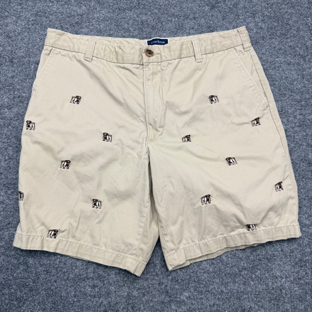 Club Room Mens Khaki Tan Bulldog Embroidered Chino Shorts Size 34 Cotton Preppy‎